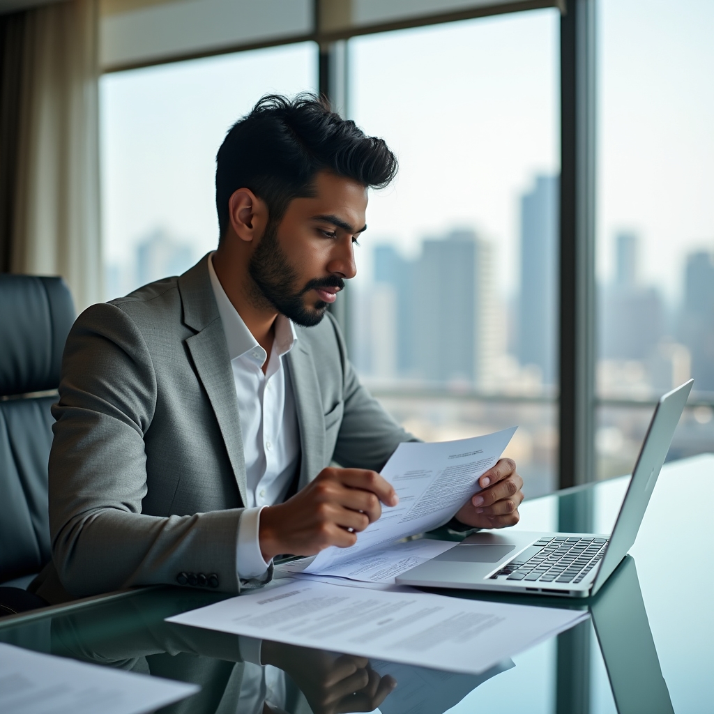 Professionista che esamina documenti di fine rapporto lavorativo in ufficio luminoso