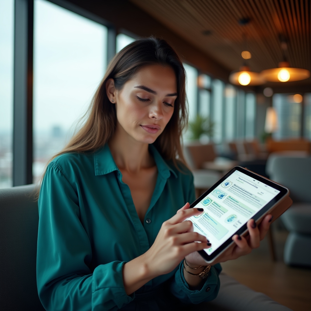 Persona che consulta una guida digitale su tablet in ambiente di lavoro moderno