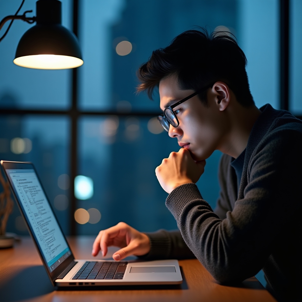 Persona che analizza la propria situazione di transizione su laptop in ambiente moderno