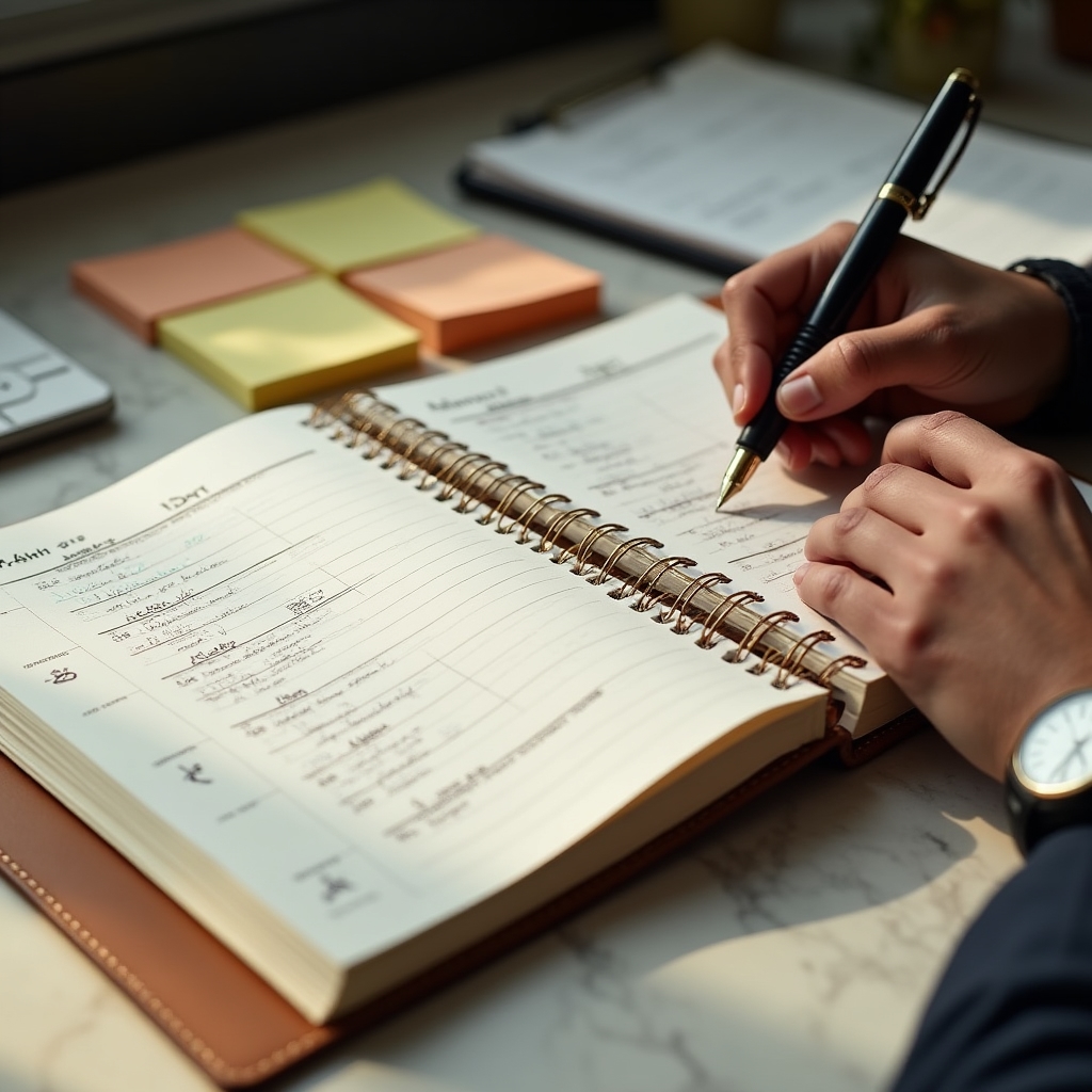 Professionista che compila un piano d'azione su foglio con calendario e penna stilografica