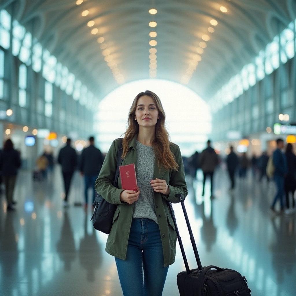 Persona con valigia che torna in Italia, vista dall'interno di un aeroporto moderno