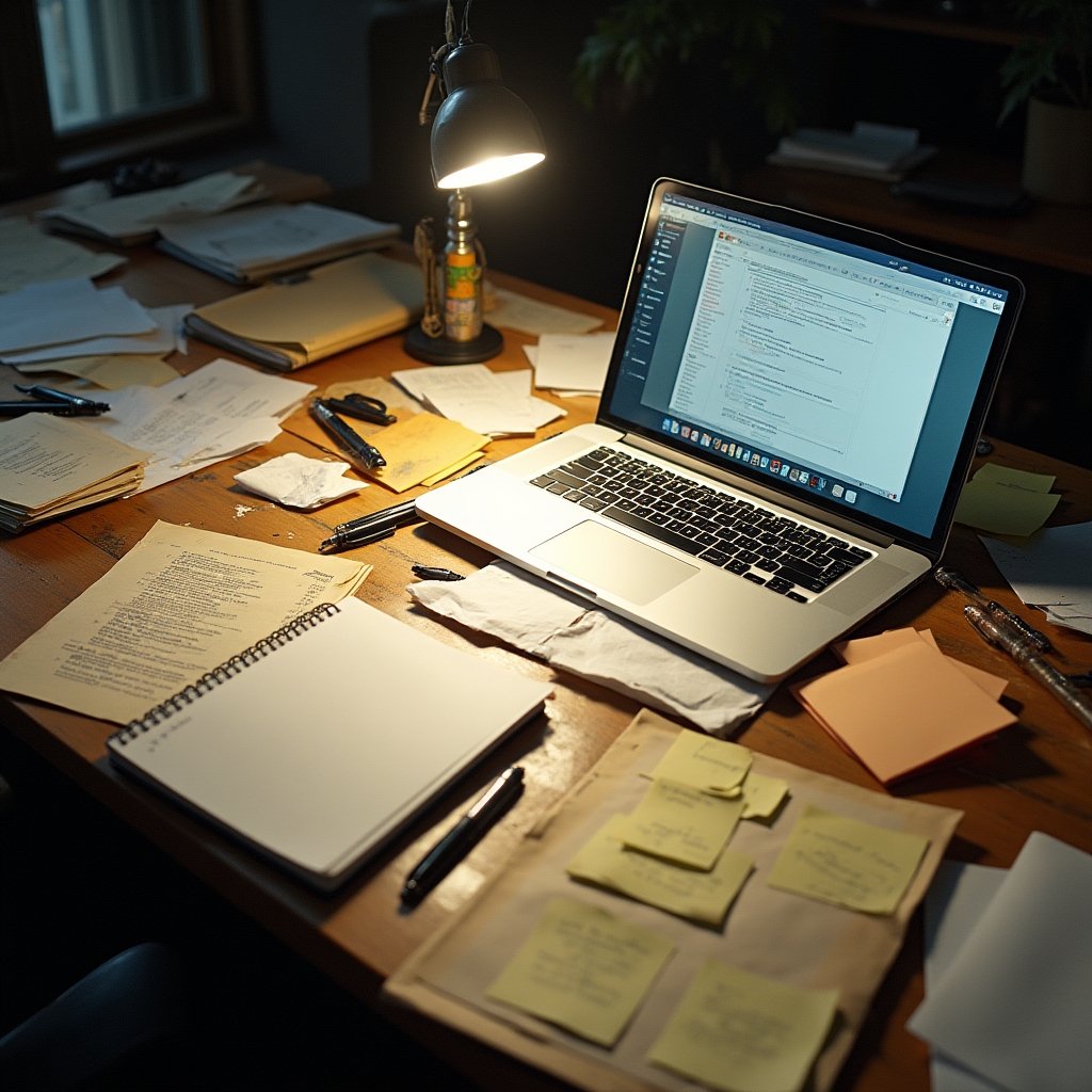 Scrivania disordinata con documenti sparsi, fogli accartocciati e note adesive caotiche