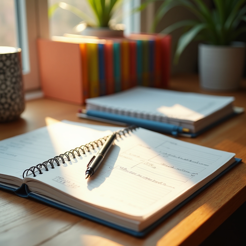 Scrivania ordinata con documenti catalogati, checklist completata e piano di lavoro chiaro